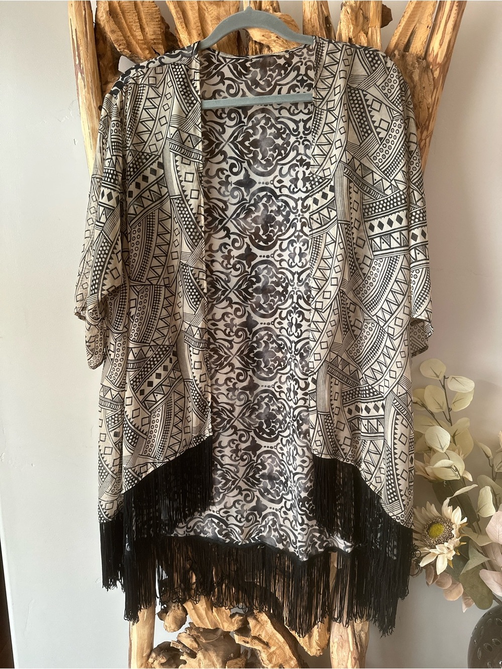 Boho Fringe Open-Front Kimono - Black & White